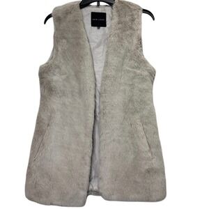 New Look Faux Fur Vest Women Size 10 Gray Sleeveless Open Front Longline Shag
